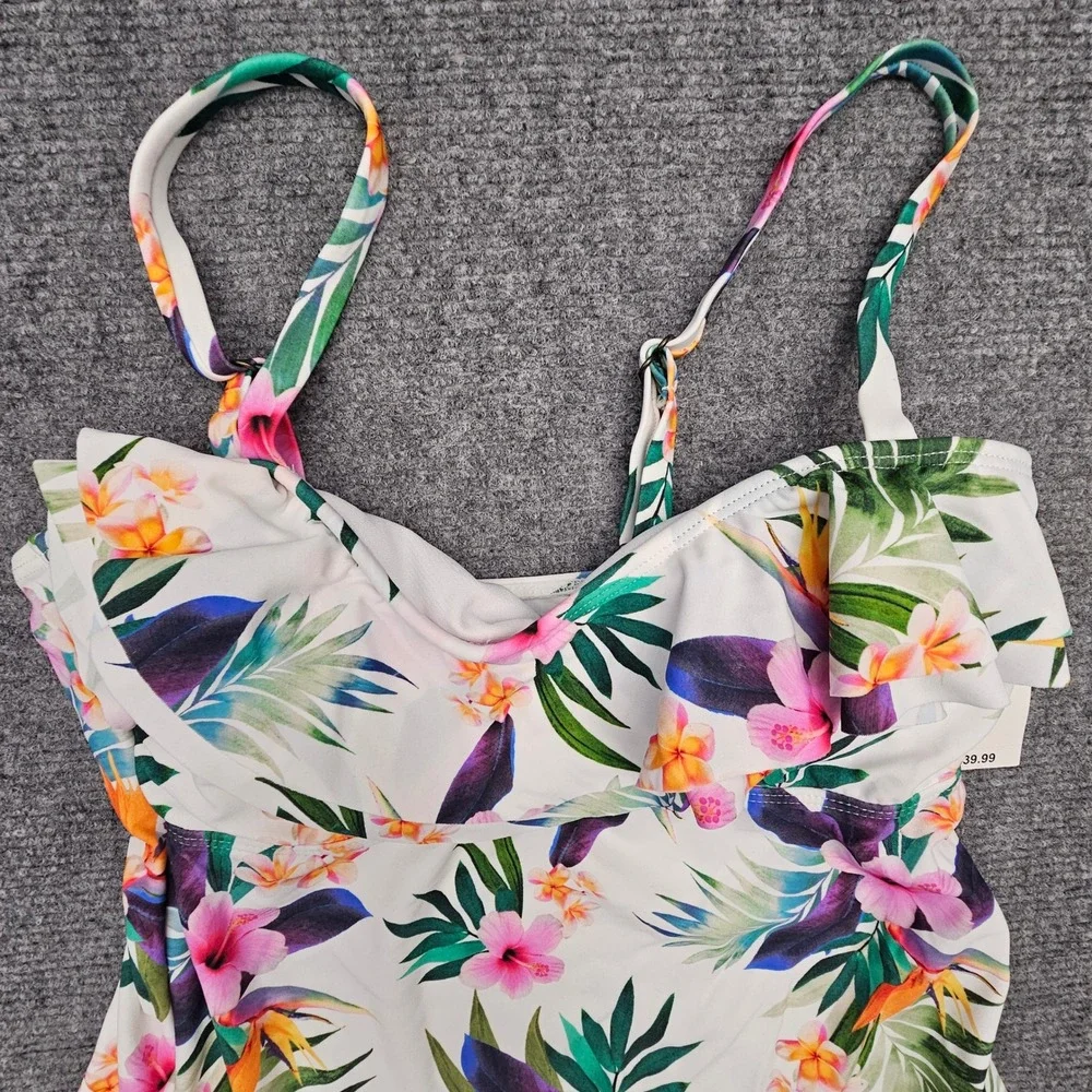 Island Escape Womens Tankini Top Tropical‎ Floral Ruffle Swimwear White Multi 8